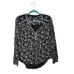 Lucky Brand Floral‎ Embroidered Blouse Womens Small Black White Boho Top Cotton